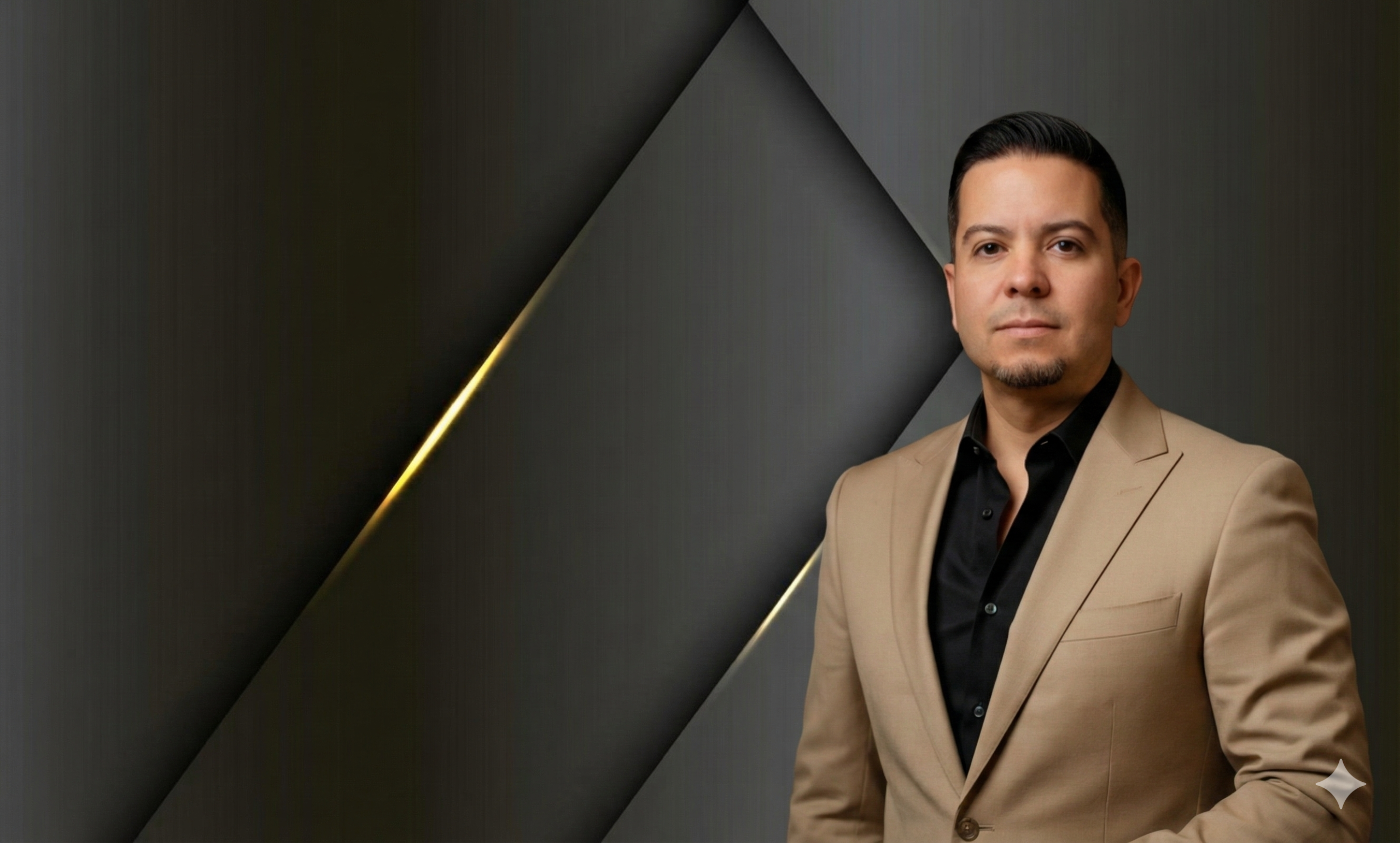 Retrato de Alexis Adviser, Estratega de Comunicación y Marketing Digital, creador del programa Aumenta tu Autoridad Digital, vistiendo saco beige y camisa negra sobre fondo oscuro geométrico con detalles dorados. Foto de perfil profesional.