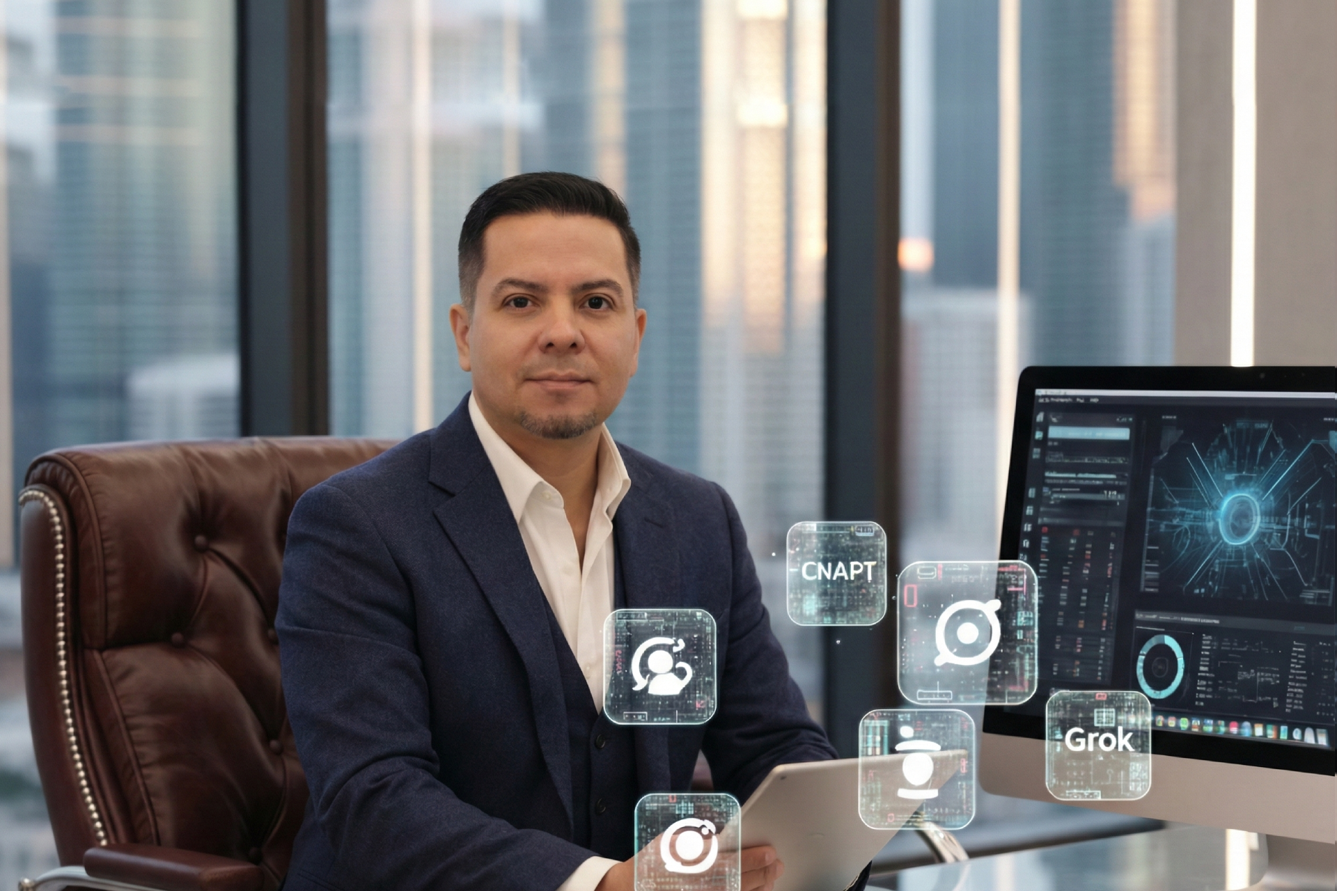 Retrato de Alexis Adviser, Estratega de Comunicación y Marketing Digital, sentado en una oficina moderna. Viste un blazer azul marino y sostiene una tableta, rodeado de iconos holográficos de datos e inteligencia artificial (como 'CNAPT' y 'Grok') frente a una pantalla de computadora con gráficos complejos.